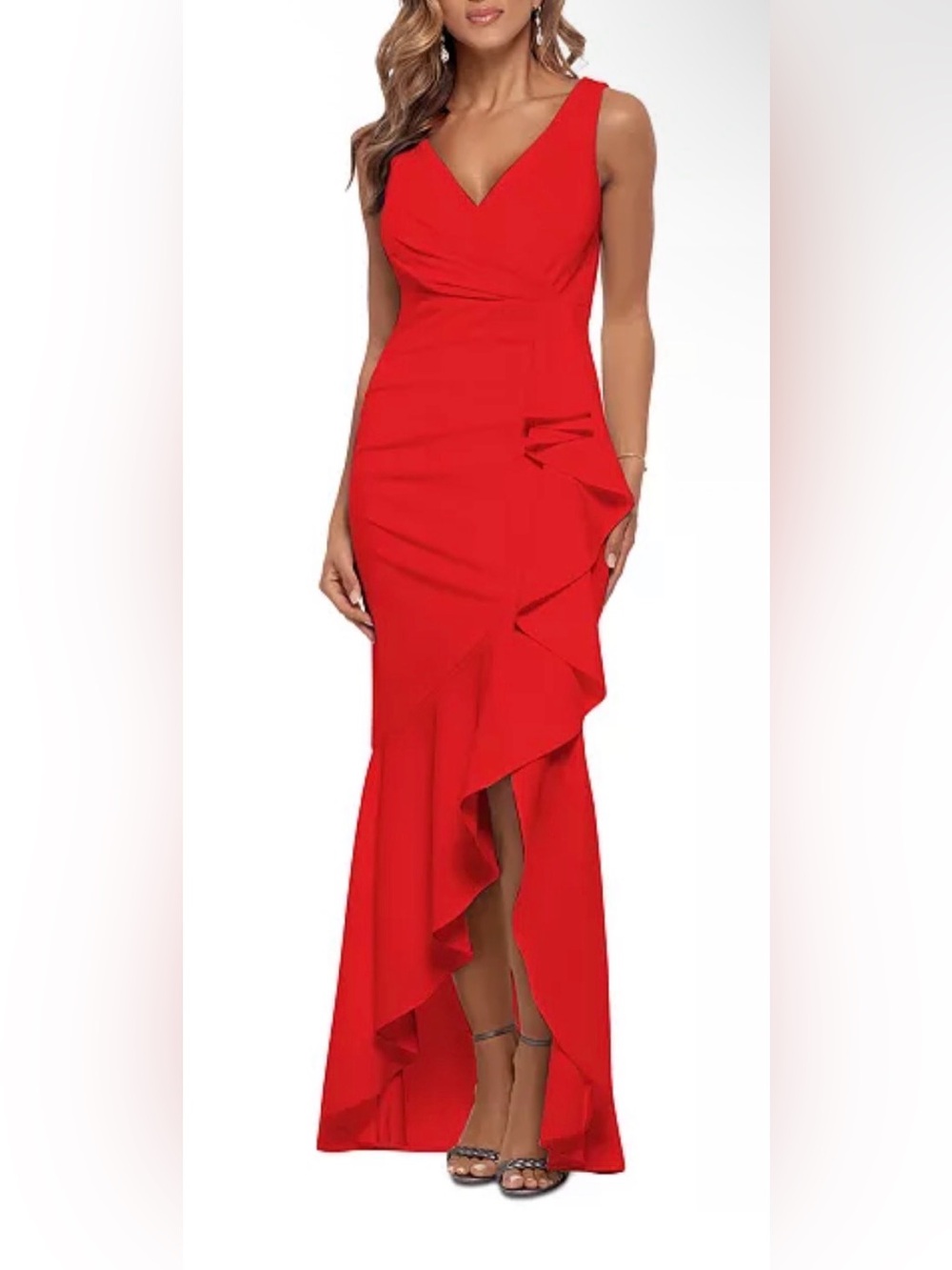 Betsy&Adam Sleeveless V-Neck Spiral Ruffle Cascade Gown